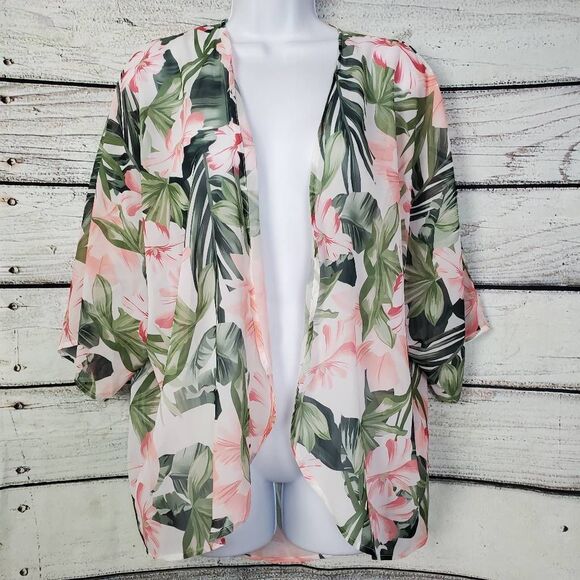Women’s Floral Sheer Kimono Cardigan Size Small Open Front Tropical Print Chiffo - Picture 1 of 6
